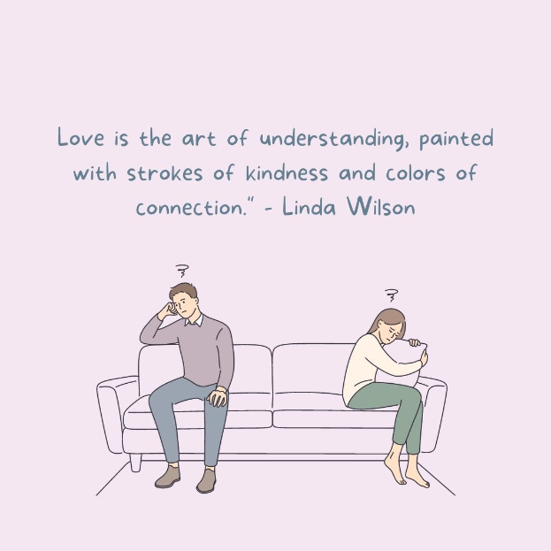 Eine Karikatur eines Mannes und einer Frau, die sich auf einem Sofa umarmen, mit dem Text darüber: "Liebe ist die Kunst des Verstehens, gemalt mit Strichen der Freundlichkeit und Farben der Verbindung - Linda Wilson."