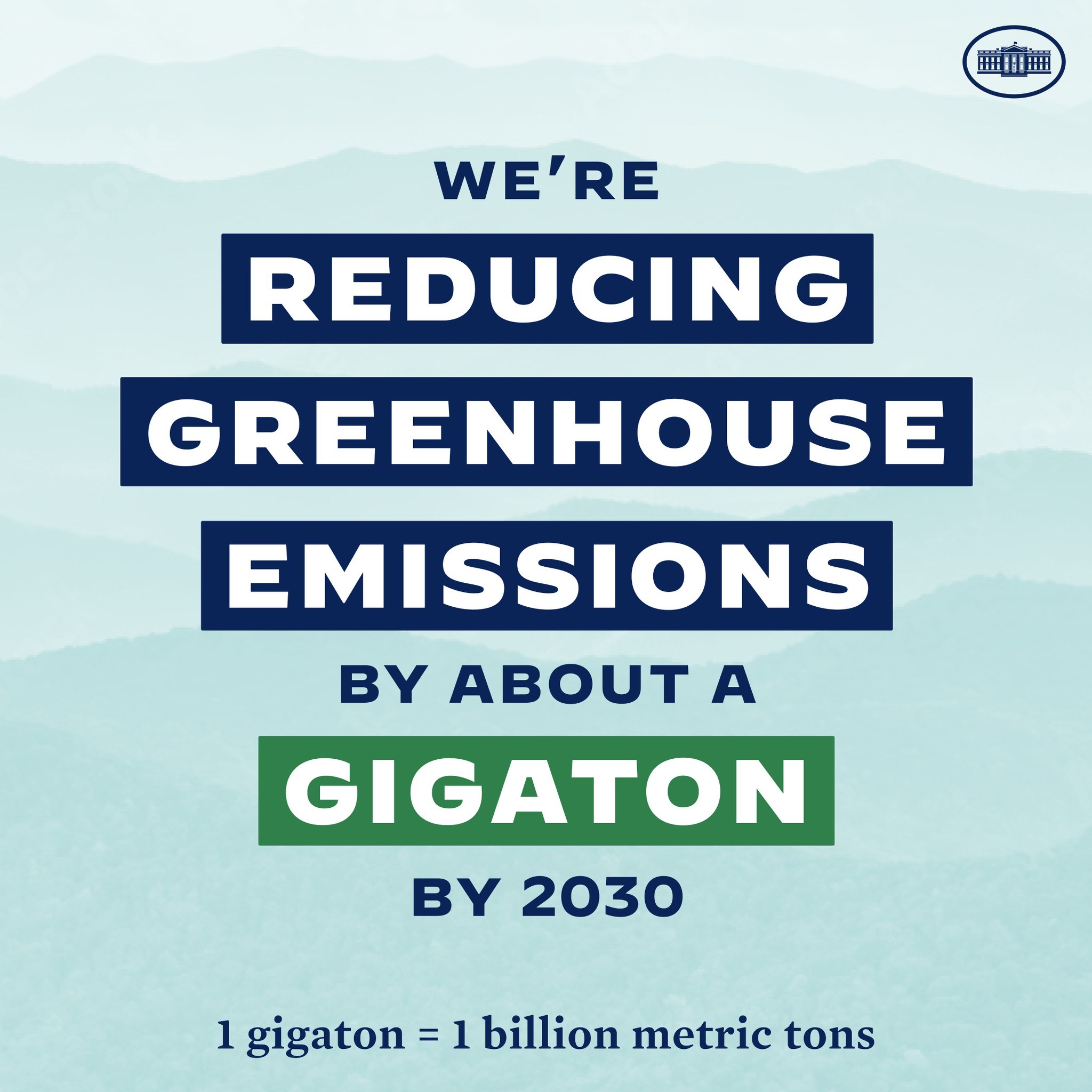 Plakat mit Text und Logo, das "Wir reduzieren die Treibhausgasemissionen um etwa eine Gigatonne bis 2030" fordert, für eine signifikante Reduzierung der Treibhausgasemissionen bis 2030.