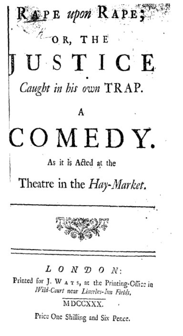 Schwarzes und weißes Plakat mit der Aufschrift "Vergewaltigung auf Vergewaltigung oder die Gerechtigkeit in der eigenen Falle" in fetter schwarzer Schrift, wahrscheinlich Ankündigung einer Comedy-Show.