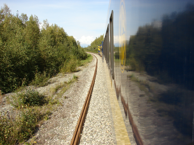 Ein Zug auf der rechten Seite, Bäume auf der linken Seite und Himmel oben.