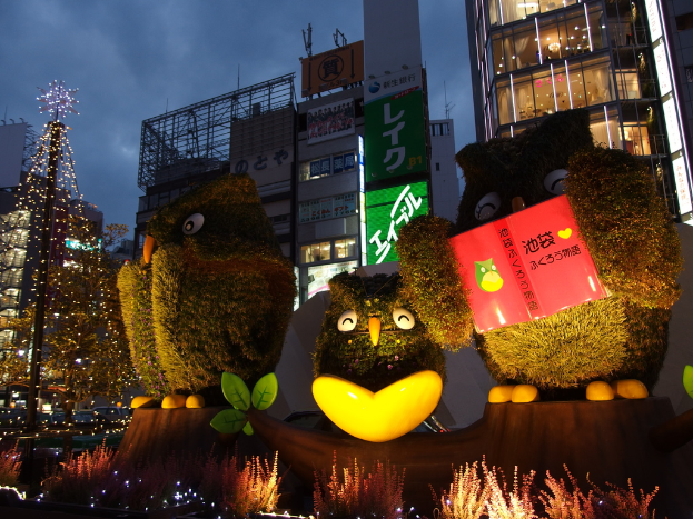 Vögel in der Mitte, Pflanzen unten, ein Weihnachtsbaum links, Gebäude im Hintergrund, Banner mit Text.