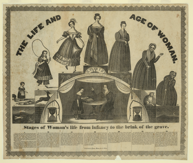 Ein buntes Blatt mit Bildern von Frauen und fetter Schrift, das die Phasen des Lebens einer Frau von der Kindheit bis ins hohe Alter darstellt.