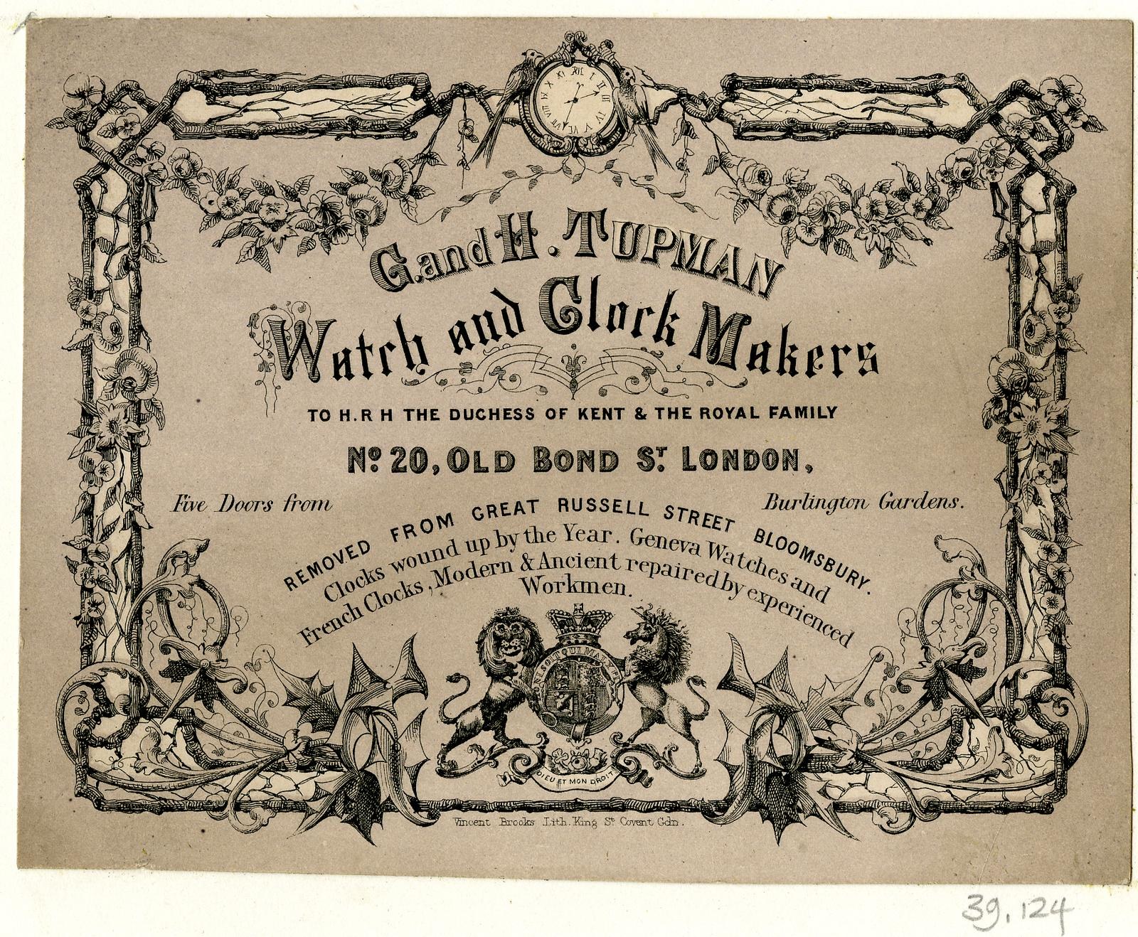 Schwarze und weiße Werbung für Grand H. Tupman Uhren und Uhrmacher mit einem Zifferblatt-Design mit dekorativem Rahmen und Text.