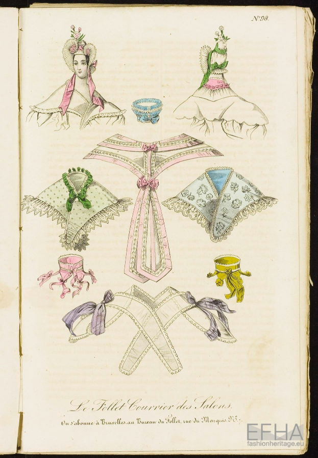 Offenes Buch mit einer Zeichnung einer Frau in einem Kleid und Hut, umgeben von Kleidungsstücken und Gegenständen, mit einem Text unten, der "Geschichte der Stoffe der Follies" lautet.