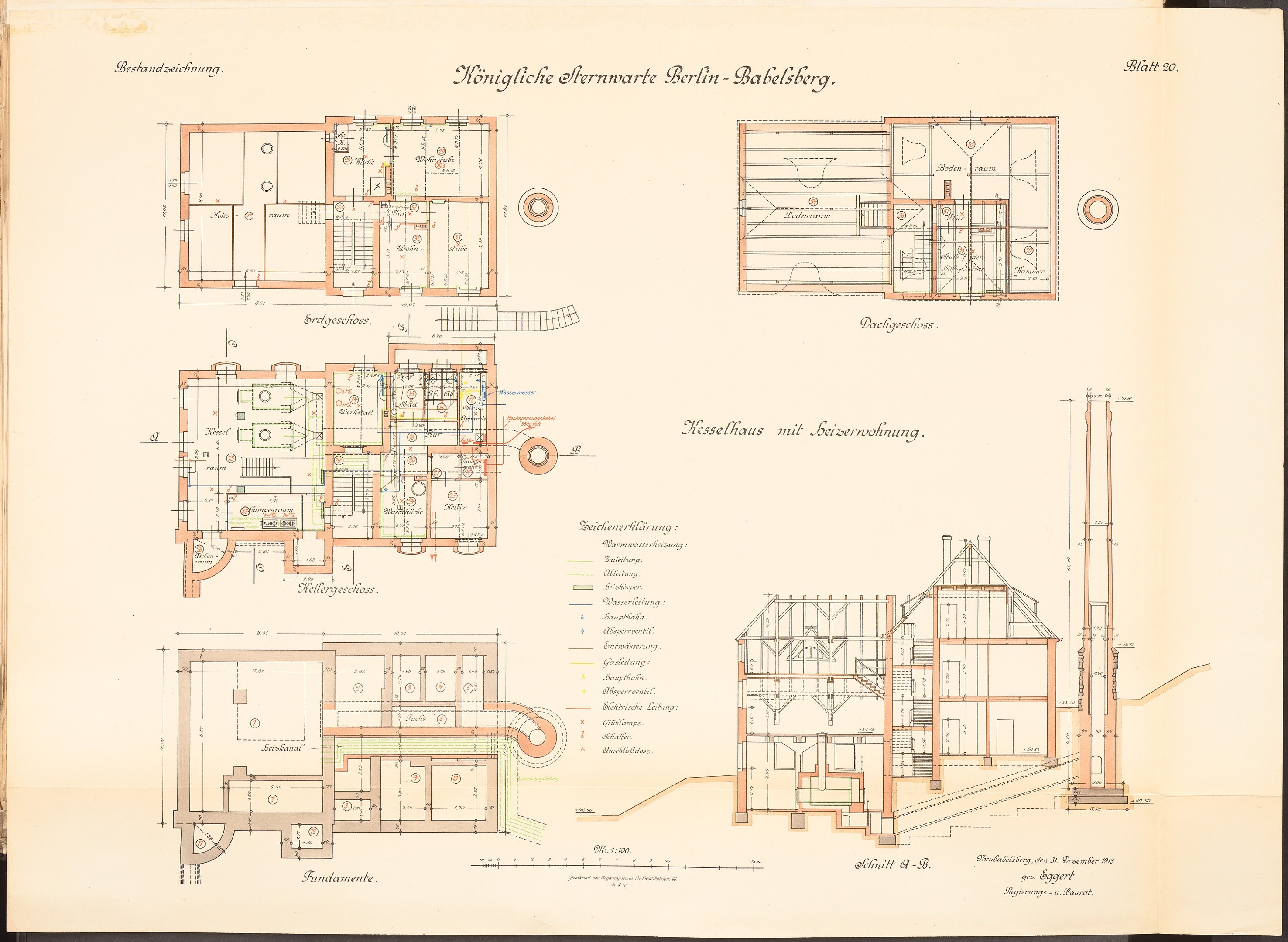 Altes Buch mit detaillierten architectural plans and text, featuring a drawing of the original plan for the Königliche Hermwerk Berlin-Baklberg.