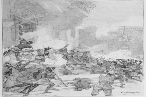 Eine Schwarz-Weiß-Zeichnung einer Gruppe von Menschen in einer Stadt, einige halten Waffen, mit Gebäuden und einer Statue im Hintergrund und Text unten.