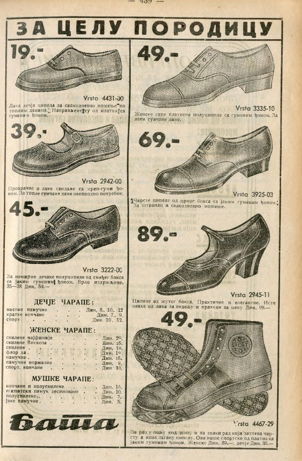 Eine Reihe verschiedener, gestalteter und farbiger Schuhe, die auf einem alten Buch mit sichtbarem Text und Zahlen angeordnet sind.