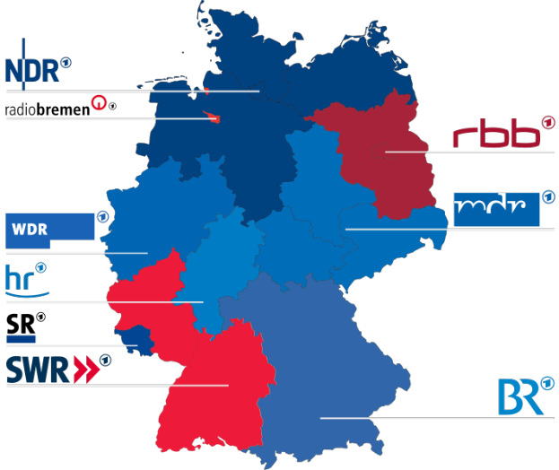 Eine Karte von Deutschland mit in rot und blau hervorgehobenen Bundesländern, die die Ergebnisse der Wahl von 2016 zeigt, einschließlich der Namen der Kandida