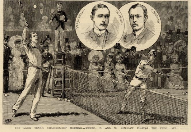 Schwarze und wei├če Zeichnung von zwei M├Ąnnern, die auf einem Platz mit einem Netz Tennis spielen, umgeben von Zuschauern, und Text unten mit der Aufschrift "The Lawn Tennis Championship Meeting - Messers, E und W Renshaw spielen das entscheidende Spiel."