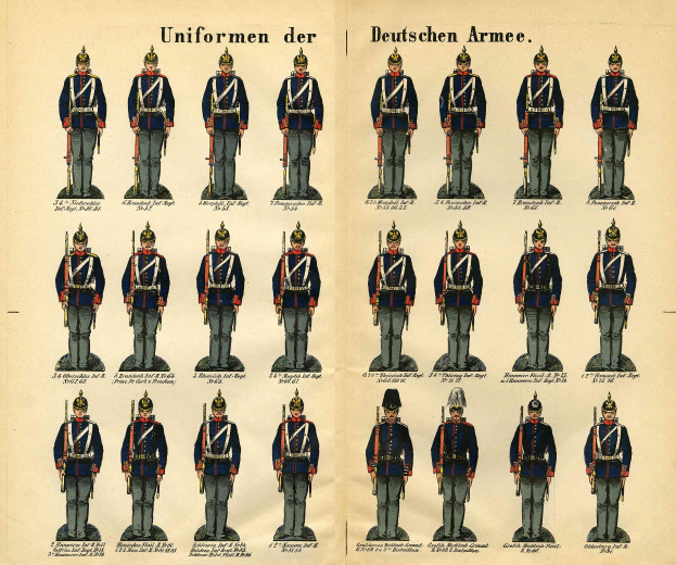 Ein Buch, das ein Raster verschiedener deutscher Armee-Uniformen mit unterschiedlichen Farben und Mustern zeigt, begleitet von beschreibendem Text.