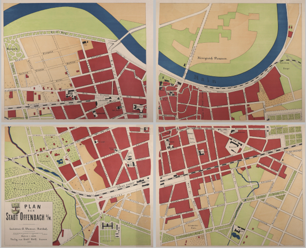 Ein detaillierter Stadtplan von Stadt Offenbach, Deutschland, der Straßen, Gebäude und Sehenswürdigkeiten mit beschrifteten Text zeigt.
