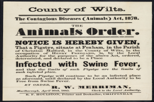 Ein Plakat mit Text, der die Animals Order Notice unter dem Contagious Diseases Animals Act, 1878, für Schweinepest im Landkreis Wilts ankündigt.