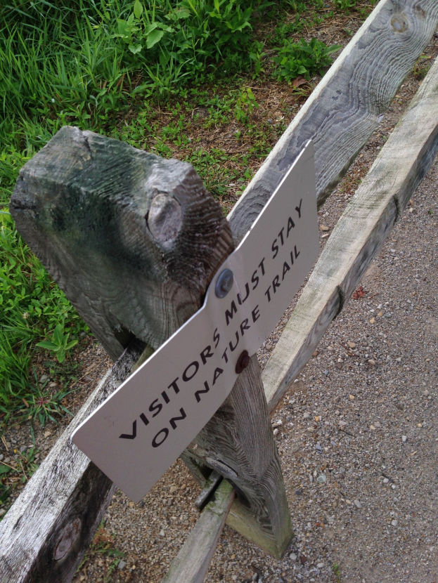 Holzzaun mit einem Schild, auf dem "Besucher müssen auf dem Naturweg bleiben" steht, in saftig grünem Gras mit kleinen Steinen auf dem Boden.