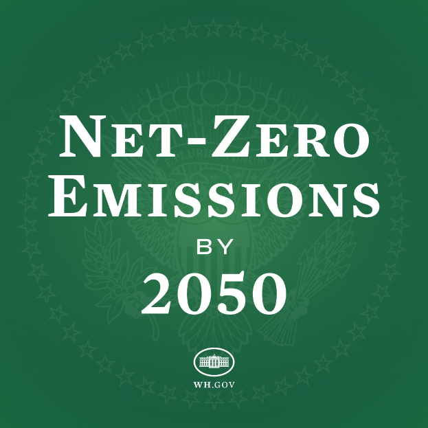 Text auf grünem Hintergrund, der "netto-null-Emissionen bis 2050" in fetter weißer Schrift enthält.