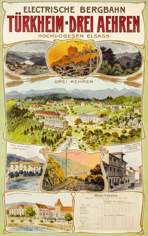 Plakat wirbt für Bergbahn, Deutschland, zeigt Gebäude, Bäume, Hügel und beschreibenden Text.