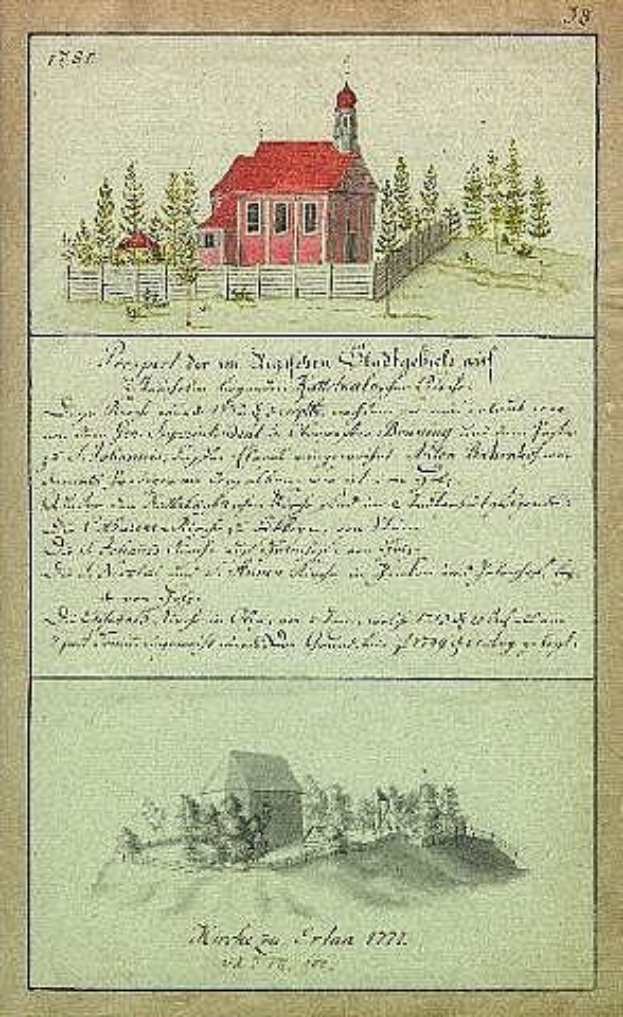 Ein altes Buch mit einer Illustration eines roten Hauses, umgeben von Bäumen und einem Zaun, betitelt mit "Deutsche Schule in den Niederlanden, 1777".