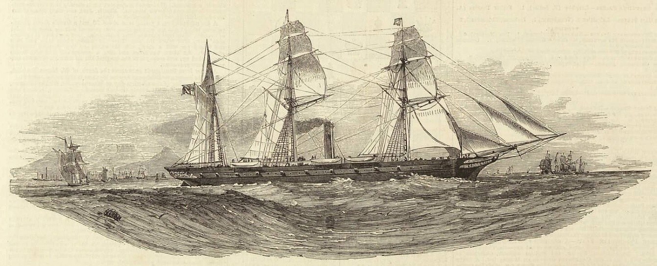 Gravur eines detaillierten Segelschiffs mit geblähten Segeln, das auf dem Meer segelt, andere Schiffe sind im Hintergrund zu sehen, mit Text unten.