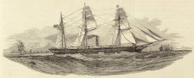 Gravur eines detaillierten Segelschiffs mit geblähten Segeln, das auf dem Meer segelt, andere Schiffe sind im Hintergrund zu sehen, mit Text unten.