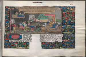 Ein aufgeschlagenes Buch zeigt eine farbenfrohe, detaillierte illuminierte Miniatur aus der mittelalterlichen Zeit, die Menschen verschiedenen Alters und Hintergrunds in einer lebhaften Diskussion zeigt, mit leuchtenden und intensiven Farben.