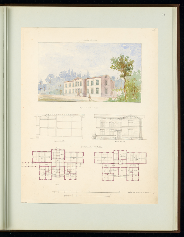 Ein Buchumschlag mit einer detaillierten Zeichnung eines Schulgebäudes mit einem großen Eingang und mehreren Fenstern, umgeben von Bäumen unter einem klaren blauen Himmel.