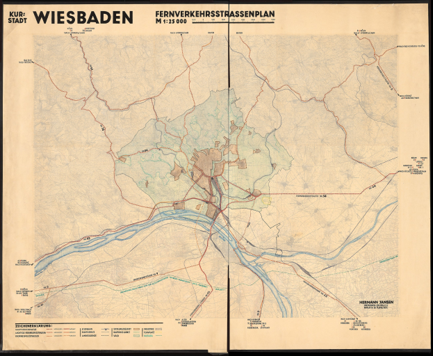 Alte Karte von Wiesbaden, Deutschland, gerahmt und mit detaillierten Straßen, Gebäuden und Sehenswürdigkeiten sowie zusätzlichem Text über die Stadt.