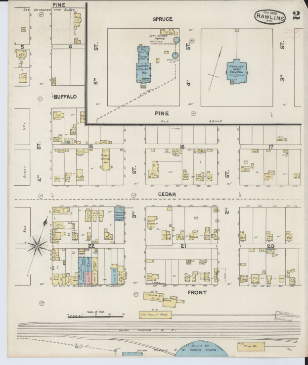 Alte Karte von San Francisco, Kalifornien, mit hervorgehobener Rawlins-Schulbezirks-Grenze und gedrucktem Text zur Beschreibung des Layouts.