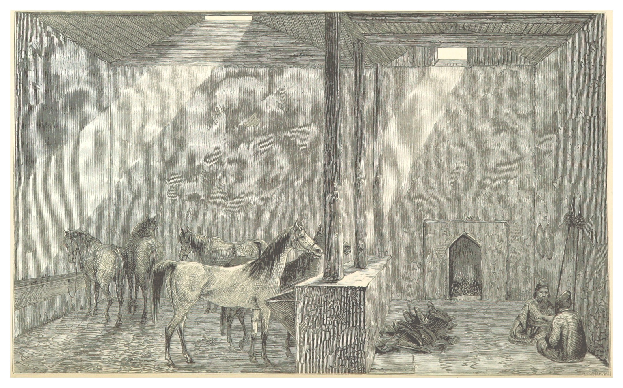 Eine bunte Zeichnung eines Raums mit zwei Pferden, zwei sitzenden Personen und verstreuten Gegenständen, mit Text unten.