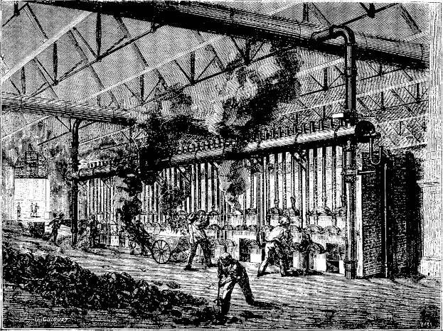 Schwarz-weiß-Zeichnung einer belebten Stahlmühle aus den 1910er Jahren mit Arbeitern, Pfählen und Maschinen.