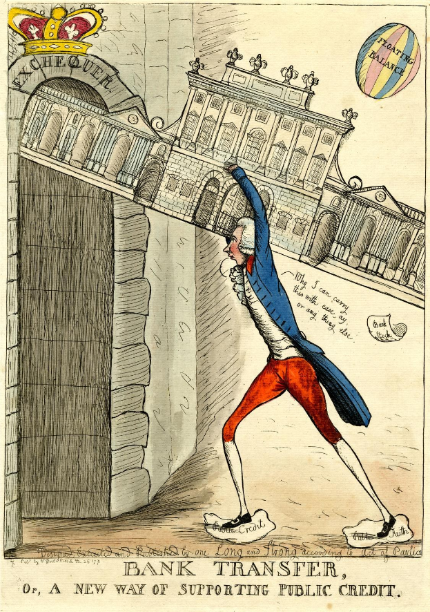 Cartoon eines Mannes in einem blauen Jackett und roten Hosen mit einer Krone, der vor einem Gebäude steht, mit Text unten, der "Banktransfer oder, eine neue Art der Unterstützung von öffentlichem Kredit" lautet.