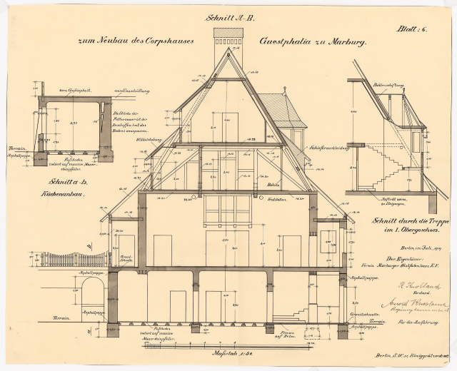 Ein detailliertes architektonisches Zeichnung eines Hauses mit zahlreichen Fenstern und einem Dach, beschriftet als das erste Haus in Deutschland, begleitet von Plänen und Text auf Papier.