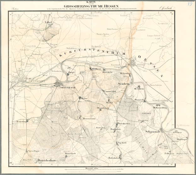 Ein altes Stadtplanbild der Stadt Hessen, Deutschland, mit schwarzen Rändern und Text, in einem Foto Rahmen angezeigt.