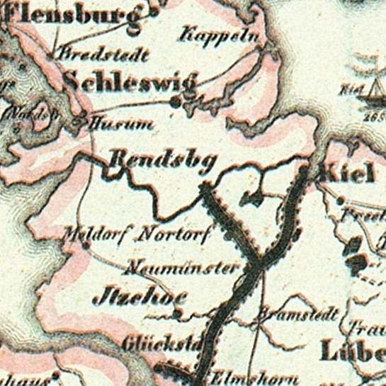 Detailiertes altes Stadtplan von Schleswig-Holstein mit Straßen, Gebäuden und Sehenswürdigkeiten mit beschreibenden Textanmerkungen.