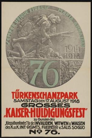 Plakat zum 70. Jubiläum des Kaiser-Huldigungsfestes in Berlin, Deutschland, das eine Gruppe von Menschen in der Mitte zeigt, umgeben von Text und Zahlen, in einem Foto Rahmen.