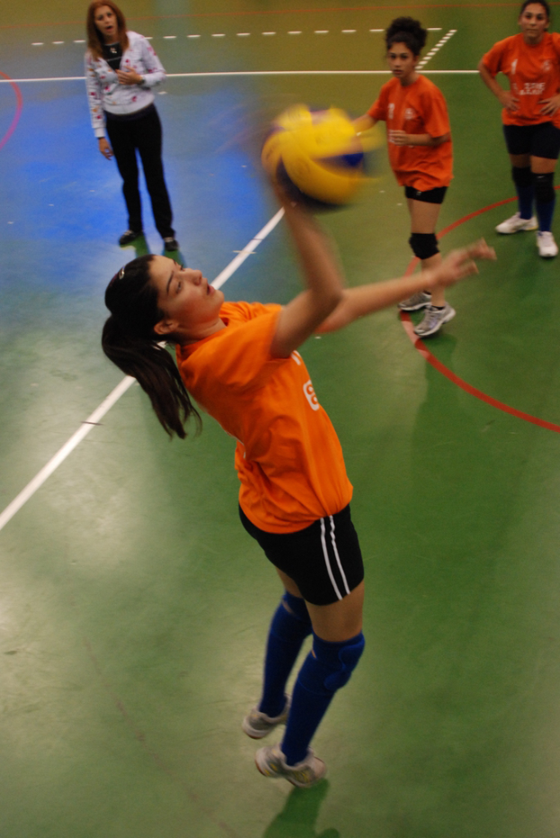 Eine Volleyballspielerin schlägt den Ball, während zwei andere Spieler und eine weitere Frau zuschauen.