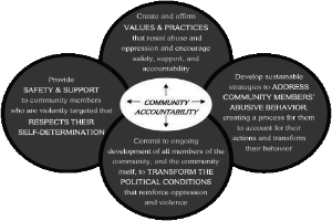 Ein Kreis mit den Wörtern "Gemeinschaftliche Rechenschaft" in der Mitte, umgeben von drei überlappenden Kreisen, die durch Pfeile verbunden sind, alles in hellen, leuchtenden Farben.