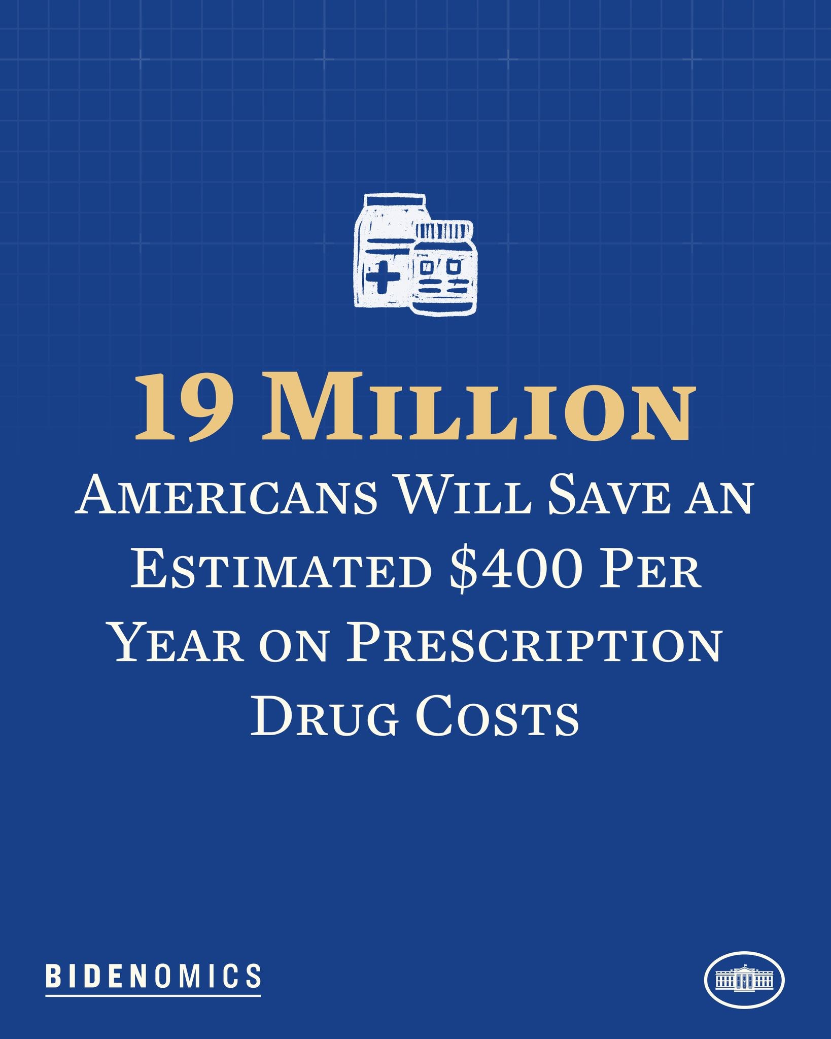 Blauer Hintergrund mit weißer Schrift und einem Logo, das '19 Millionen Amerikaner werden geschätzte 400 USD pro Jahr an Arzneikosten sparen' angibt.