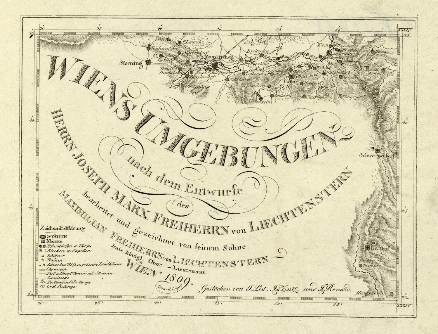 Detailierte alte Karte von Wien, Deutschland, zeigt geografische Merkmale, Städte, Ortschaften, Straßen, Sehenswürdigkeiten und zusätzliche textuelle Informationen wie die Bevölkerung.