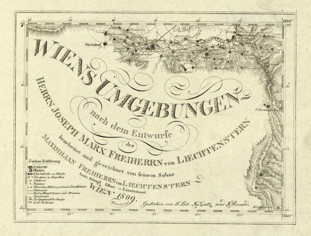 Detailierte alte Karte von Wien, Deutschland, zeigt geografische Merkmale, Städte, Ortschaften, Straßen, Sehenswürdigkeiten und zusätzliche textuelle Informationen wie die Bevölkerung.