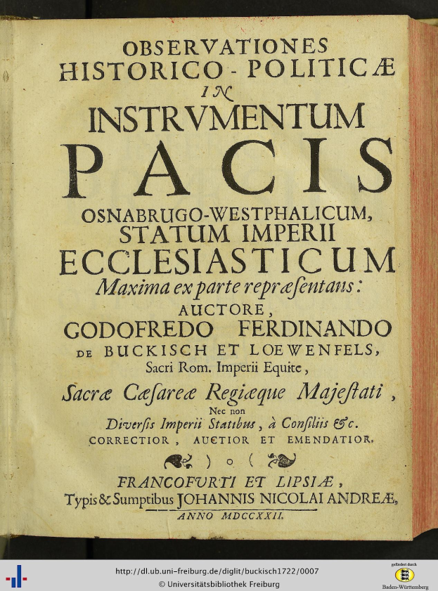 Altes Buch mit dem Titel "Beobachtungen historisch-politisch im Instrumentum Pacis" aufgeschlagen auf einer Seite mit schwarzer Tinte in einem dekorativen Rahmen.