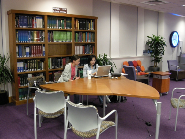 Zwei Frauen sitzen an einem Tisch mit einem Laptop und anderen Gegenständen, umgeben von Stühlen, Bücherregalen, Blumentöpfen und einer Uhr an einem Pfahl.