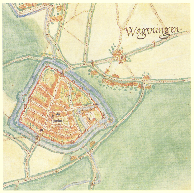 Detailierte Straßenkarte von Wageningen, Deutschland, mit Straßennamen, Gebäuden und Sehenswürdigkeiten.