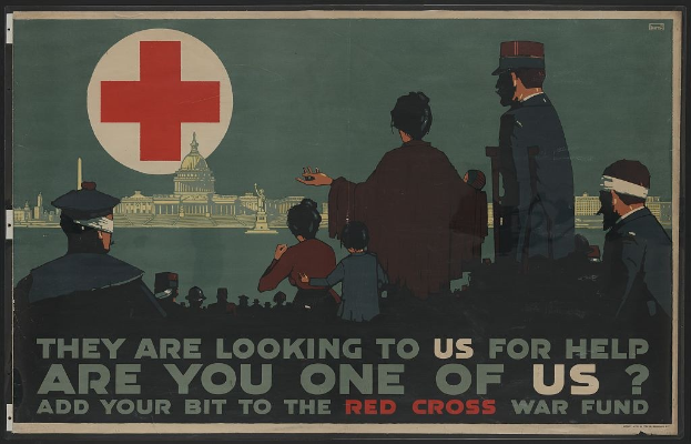 Plakat mit einer Gruppe von Menschen vor einem Gebäude mit einem roten Kreuz, auf dem die Zuschauer zur Teilnahme am Roten Kreuz-Kriegsfonds aufgerufen werden, mit dem Text "Sie brauchen unsere Hilfe, sind Sie einer von uns? Tragen Sie Ihren Teil zum Roten Kreuz-Kriegsfonds bei."