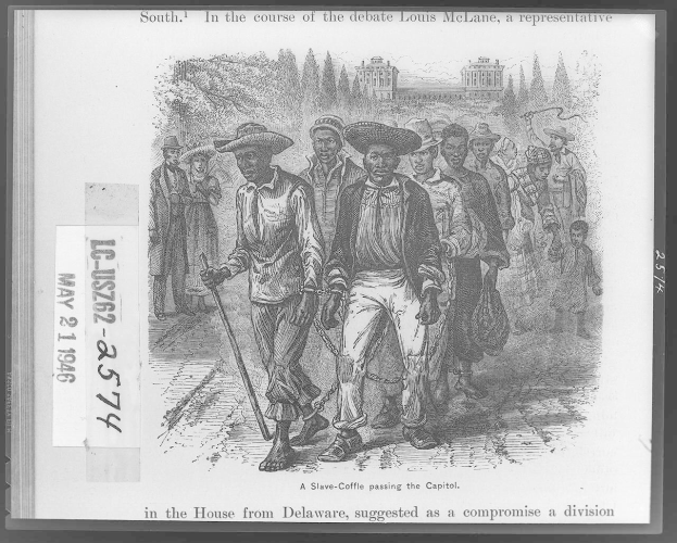 Schwarz-weiß-Zeichnung einer Gruppe von Menschen, die eine Straße entlanggehen, einige tragen Hüte und halten Stöcke, mit Bäumen und einem Gebäude im Hintergrund und Text unten, der "Südlich im Verlauf der Debatte Louis McLane, ein Abgeordneter im Repräsentantenhaus aus Delaware, schlug als Kompromiss eine Teilung vor" liest.