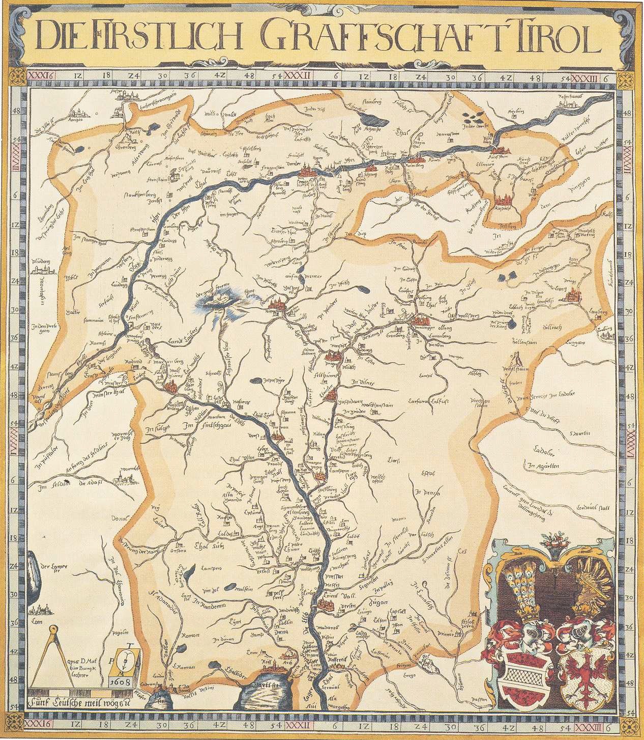 Ein detailliertes historisches Plakat der ersten Grafschaft Tirol-Karte, das geografische Merkmale wie Flüsse, Berge und Städte zeigt, sowie begleitenden Text über die Region und ihre Bewohner.