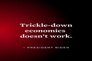 Plakat mit fetter schwarzer Schrift "Trickle-Down Economics Works Not" auf weißem Hintergrund, eingerahmt von einem schmalen schwarzen Rand, begleitet von einem Zitat des Präsidenten Biden.