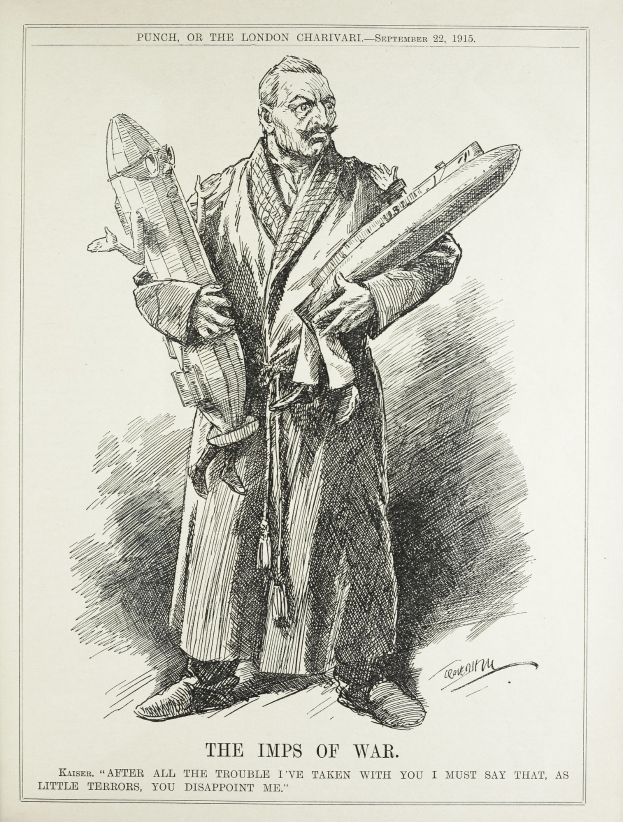 Ein altes Buch mit einer Zeichnung eines Mannes, der eine Rakete hält, betitelt mit "Die Kriegsgeister".