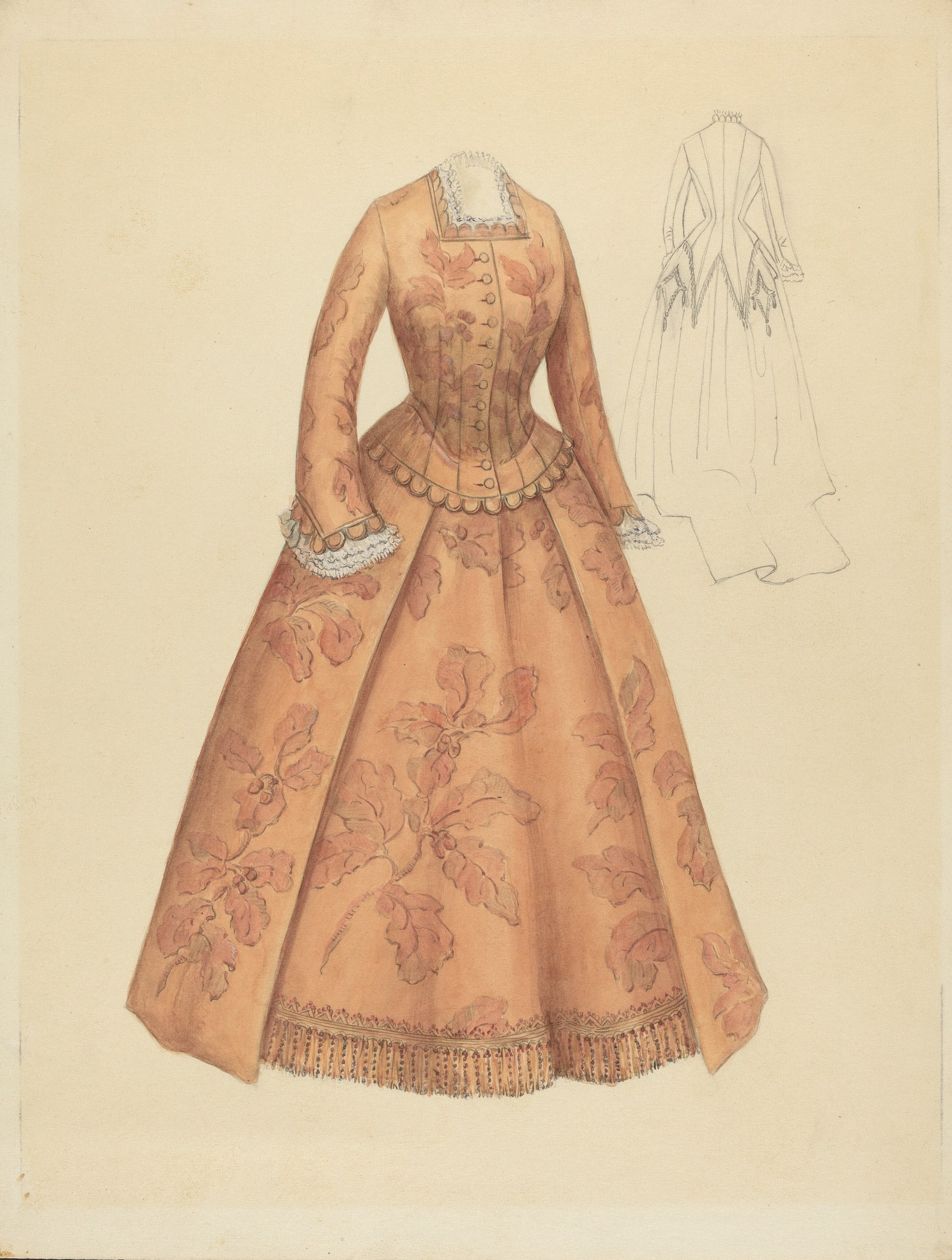 Ein detailliertes Zeichnung eines 18. Jahrhundert-Kostümdesigns mit einem langen Blumenmuster-Kleid mit hohem Kragen, vollem bodenlangen Rock und Spitzenbesatz, vor einem hellblauen Hintergrund.