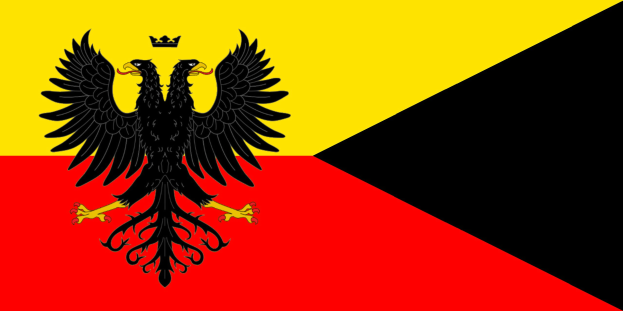 Deutsches Flagge mit einem schwarzen Doppeladler in der Mitte auf rot, gelb und weißen horizontalen Streifen.