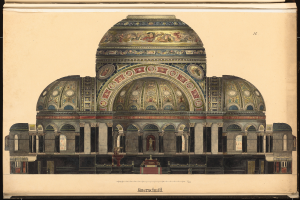 Eine Zeichnung eines prunkvollen Opernhausinneren mit Kuppel, die detaillierte Designs und Text enthält.