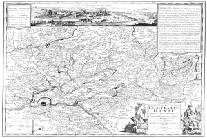 Ein Schwarz-Weiß-Plakat mit einem detaillierten Stadtplan von Comitius Hanau, einschließlich Straßen, Gebäuden und Illustrationen von Menschen.
